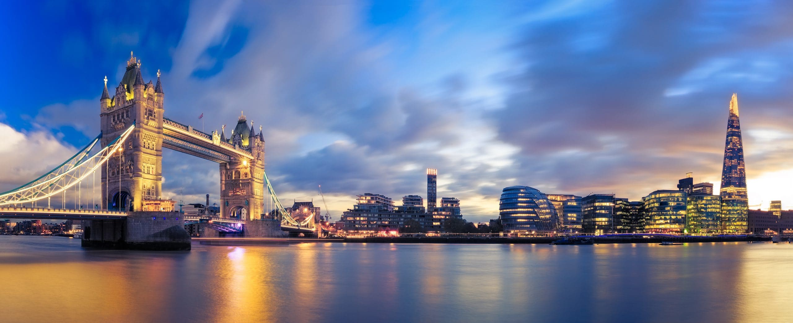 London bridge and the London skyline at sunset.