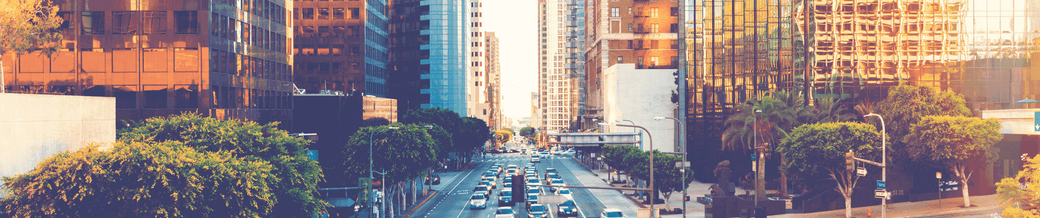 Panorama of a New York City street at dusk.