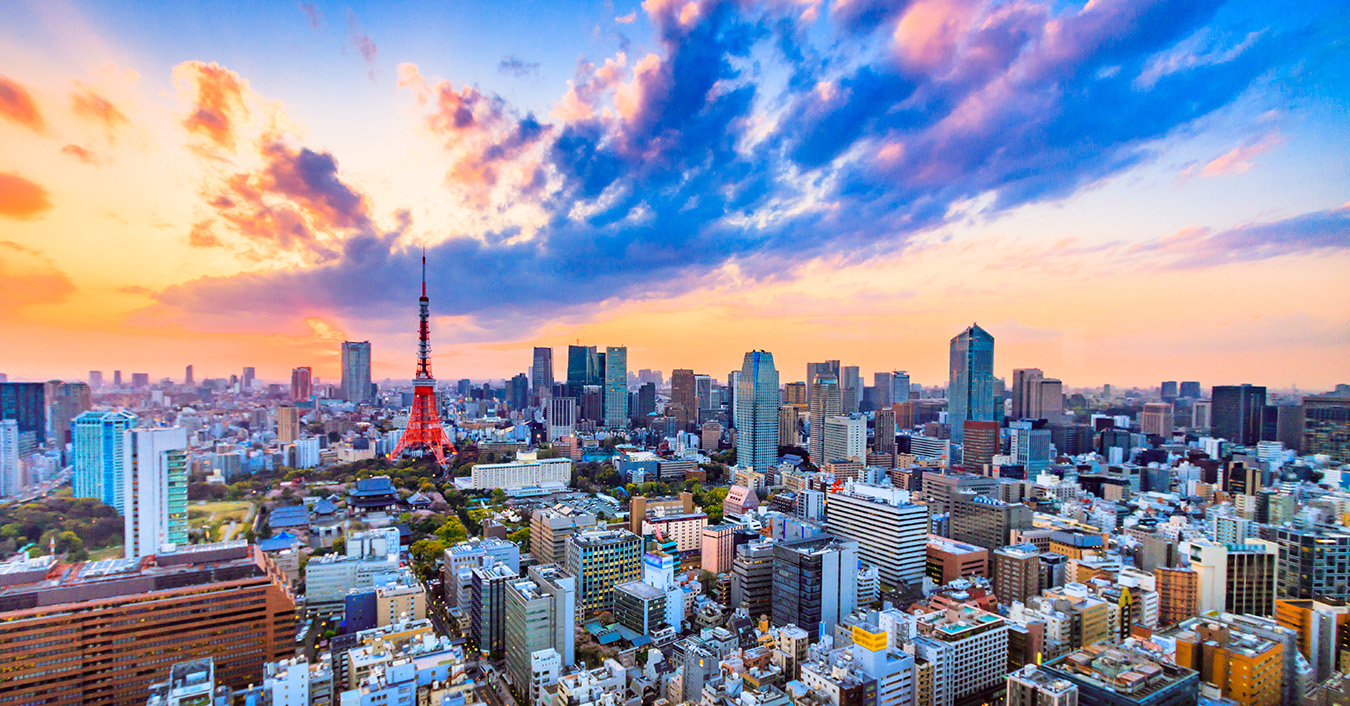 The Tokyo skyline at sunset.