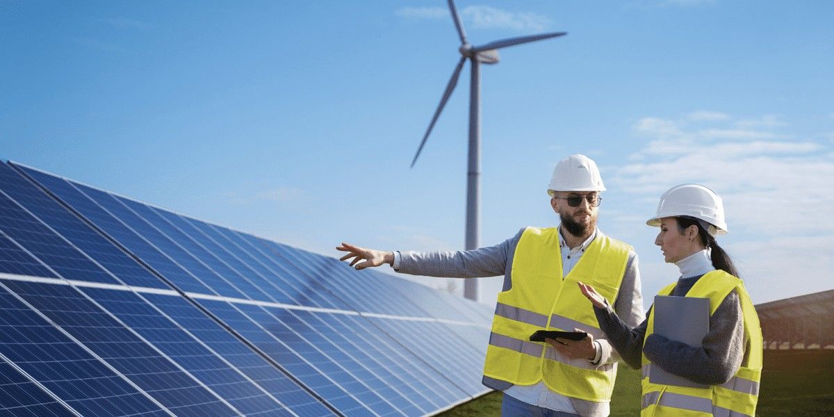 Two engineers in hard hats check a solar panel for any issues.