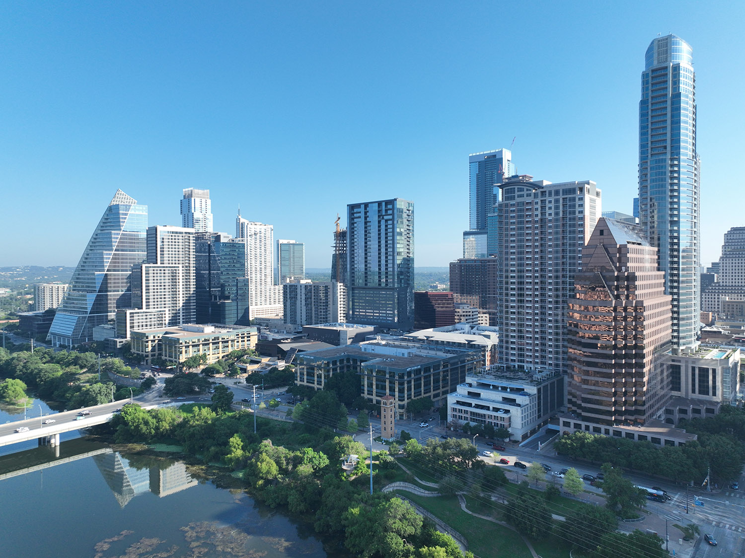 Aerial view of the Austin city skyline.