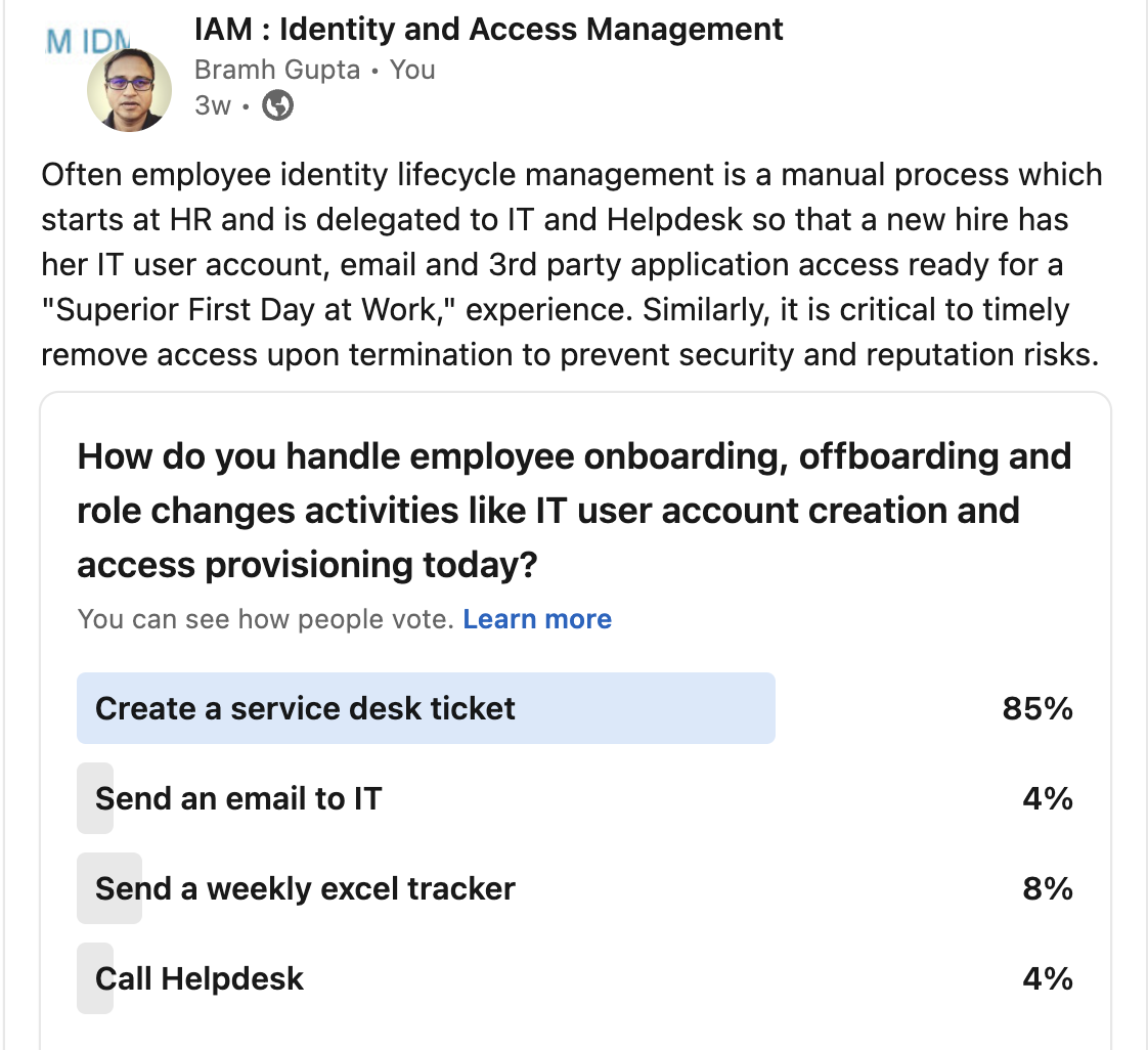 How organization manage of JML (Joiner, Mover and Leaver) or Employee Identity for onboarding, offboarding and change of role