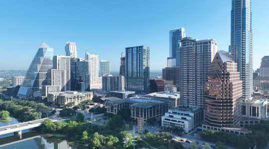 Aerial view of the Austin city skyline.