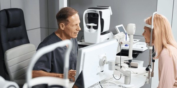 Woman sitting in a chair & staring at a special medical device